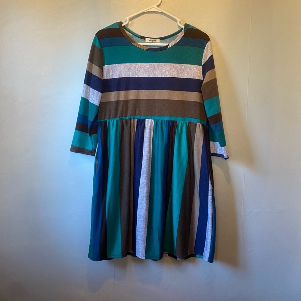 Eloges Retro Striped Knit Dress Size L Blue Teal Brown 3/4 Sleeve A-line Fall
